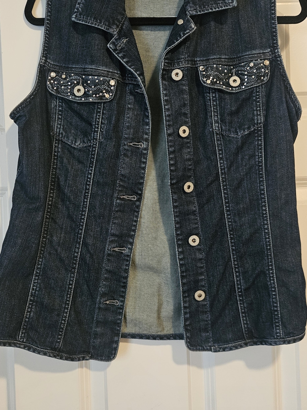 Chico's Dark Indigo Denim Vest with Embellished Chest Flaps